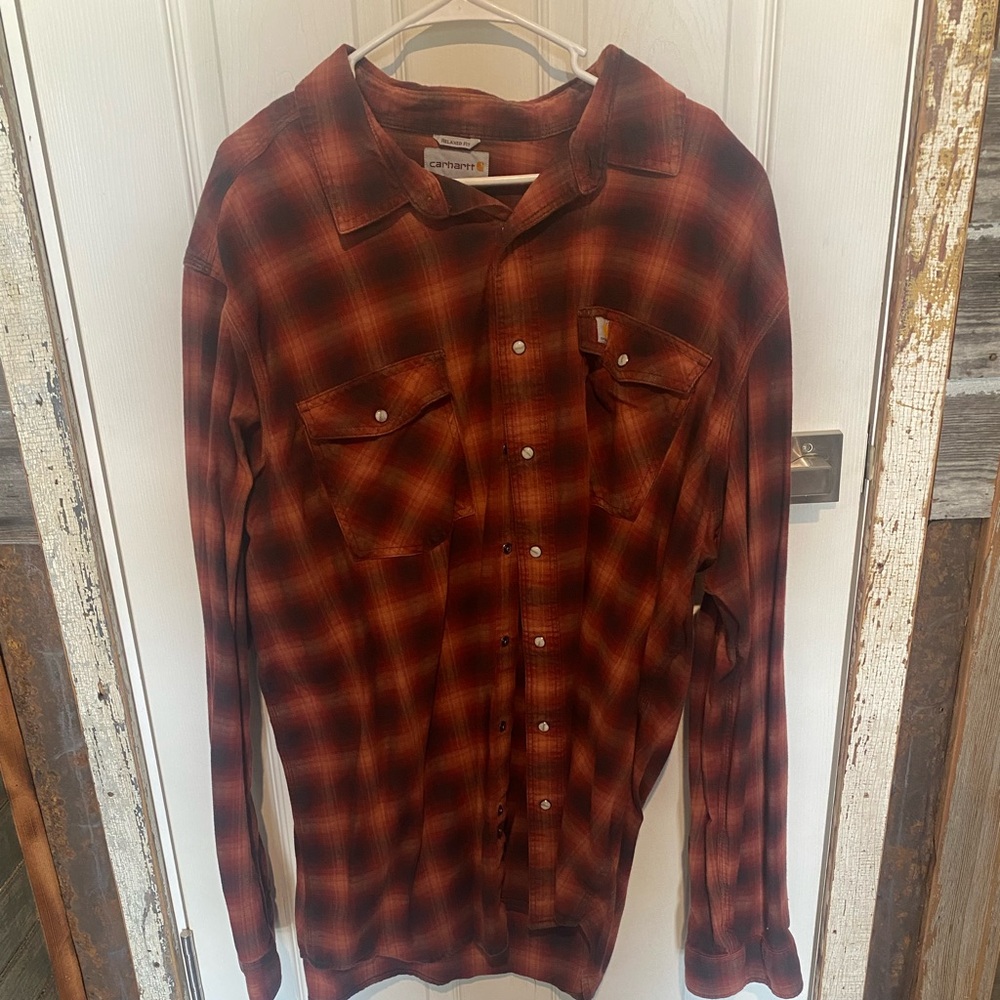 Carhartt Men's Red and Black Plaid Button Down Shirt